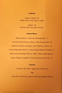 Muse Dessert Cocktail, Dessert Wines, Espresso, Tea List