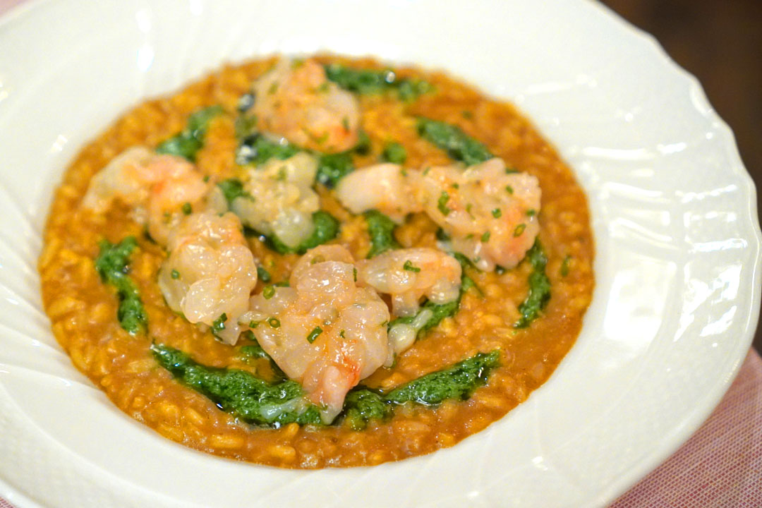 Catalana risotto with California spot prawn tartare and arugula purée