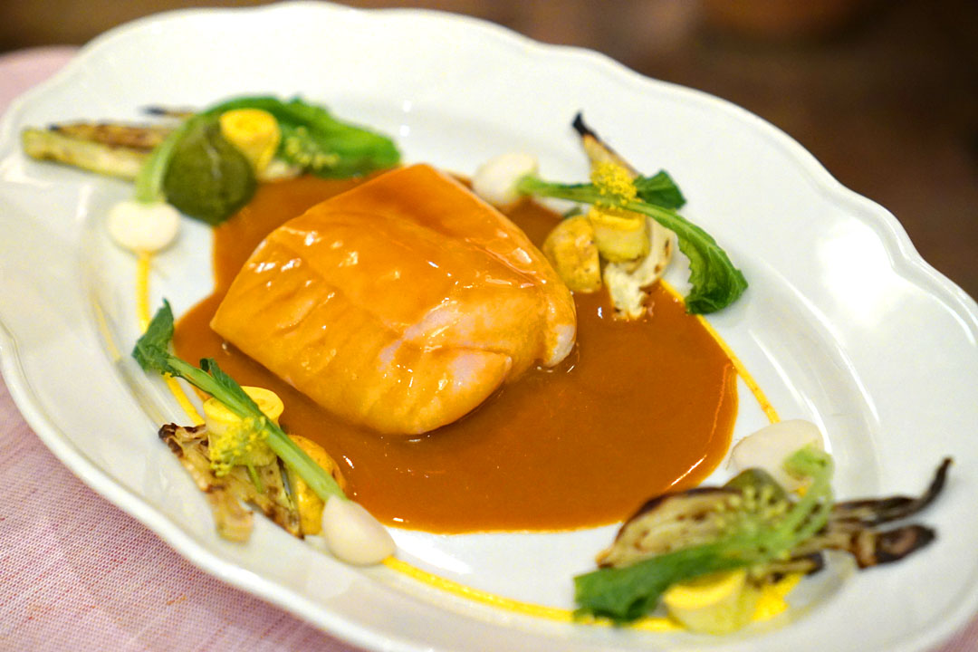 Black cod bouillabaisse with patty pan squash & turnips